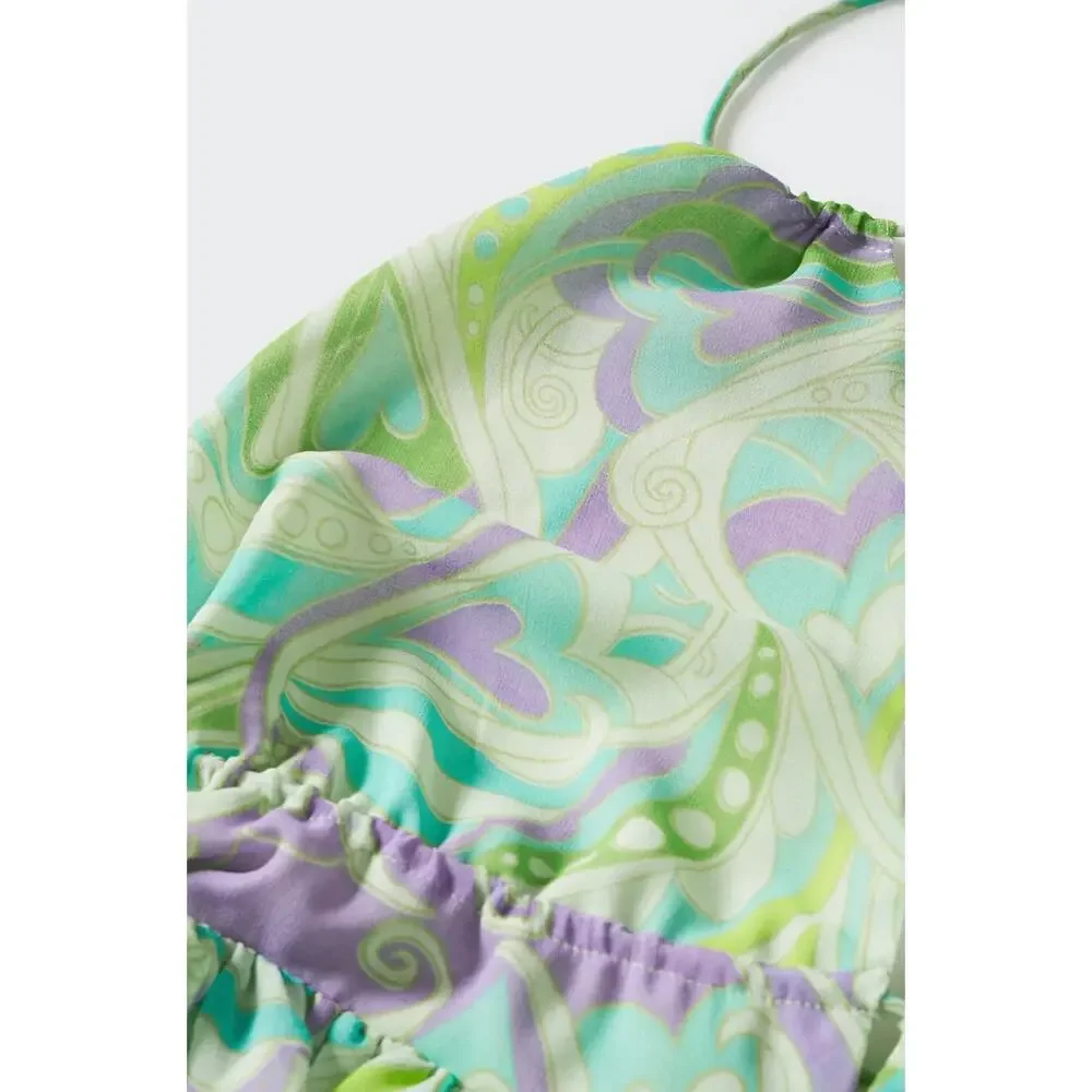 Mango Maxi Dress Chiffon Printed Ruffle Resort Boho Green A Line Medium NWT - Picture 6 of 16